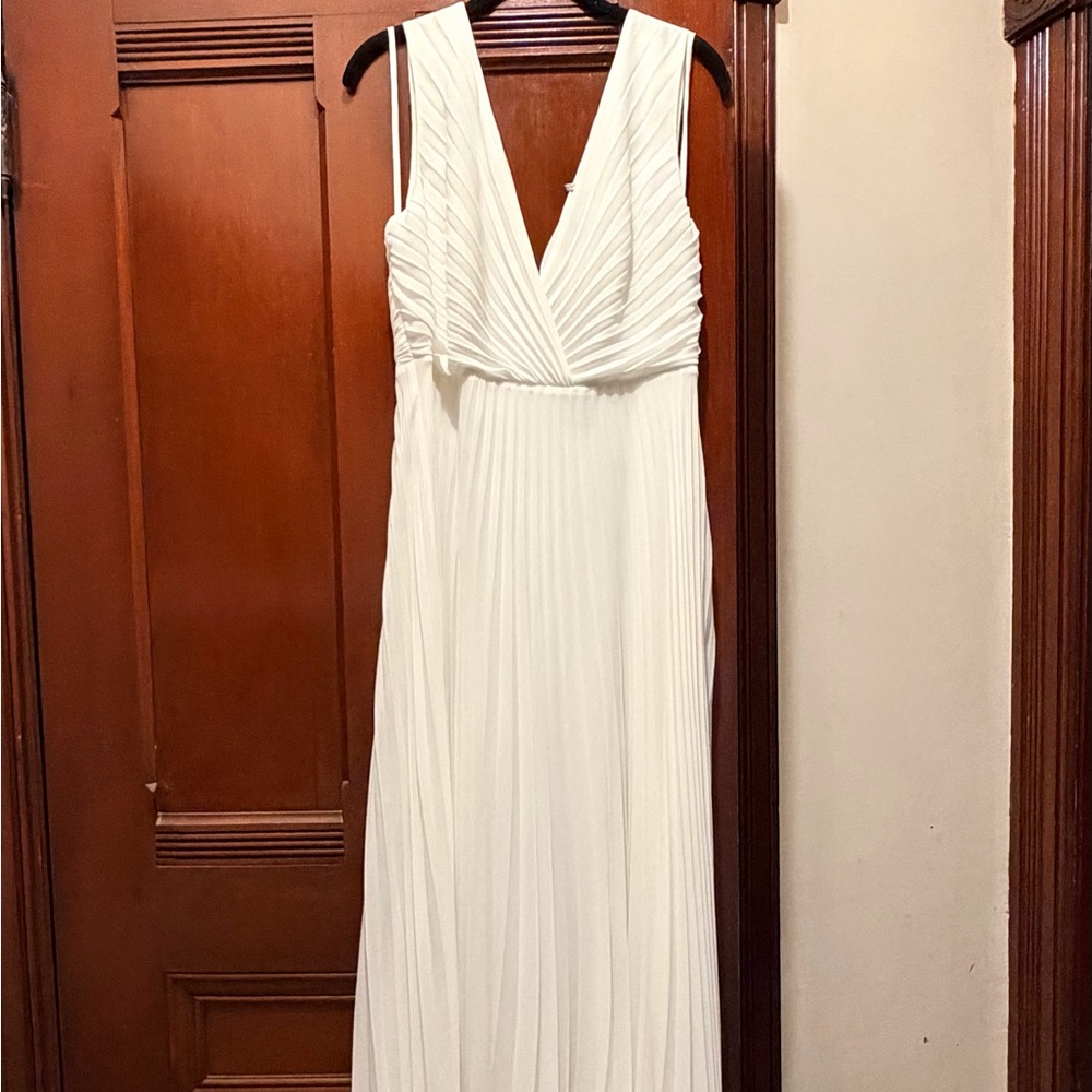 BHLDN Badgley Mischka Sloane Deep V Neckline Pleated Maxi Dress White NEW